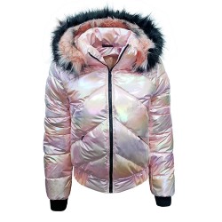 Дамско пухено яке с качулка, City Angels Jeans, Бледорозов лак, 6810